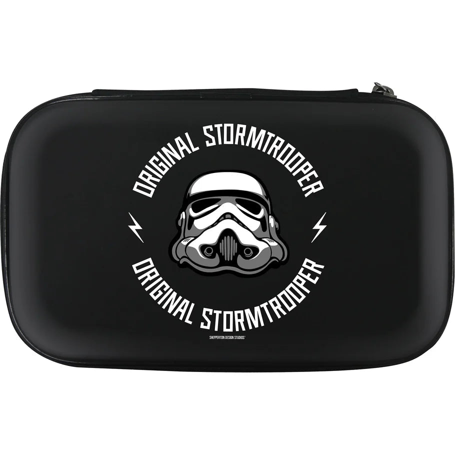 Full view black dart case with Stormtrooper helmet logo, zip closure, isolated on white, ideal for storing and protecting darts