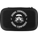 Full view black dart case with Stormtrooper helmet logo, zip closure, isolated on white, ideal for storing and protecting darts