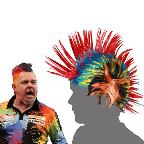 Angled view mohawk themed wig for darts fans, vibrant red, blue, yellow spikes shown on mannequin silhouette next to real mohawk inspiration