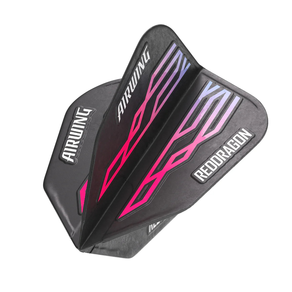 Angled close-up of moulded black, pink and blue V-Standard dart flight isolated on white, showing bold Airwing graphics and 3D shape.