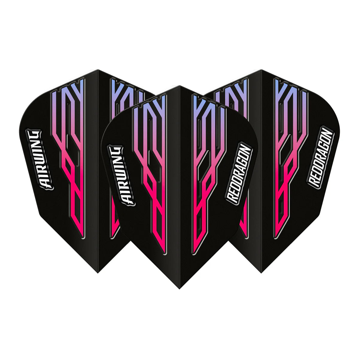 Three Airwing moulded V-Standard dart flights in black with pink and blue accents, arranged side by side on white background