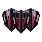 Three Airwing moulded V-Standard dart flights in black with pink and blue accents, arranged side by side on white background