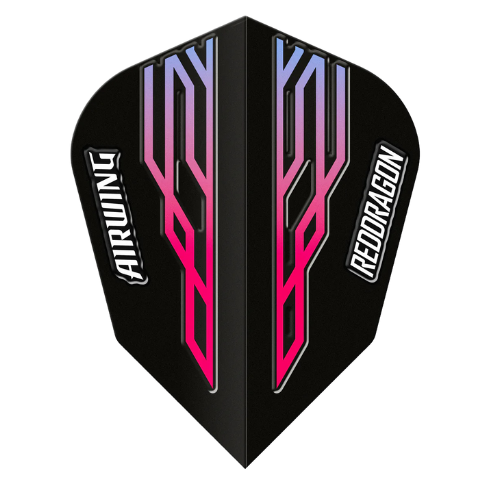 Moulded dart flight in black with pink and blue V-Standard design, isolated on white background, full view for darts accessories