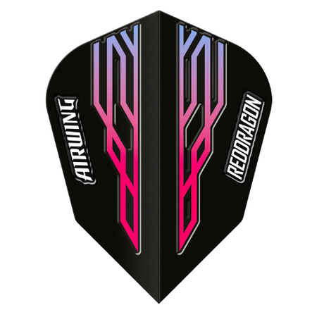 Moulded dart flight in black with pink and blue V-Standard design, isolated on white background, full view for darts accessories