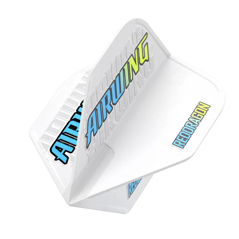 Angled close-up of three Airwing moulded dart flights showing blue logo, white design and sturdy construction for dart setup