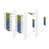 Set of three moulded No.2 dart flights, white with blue Airwing and RedDragon logos, staggered display on clean white background