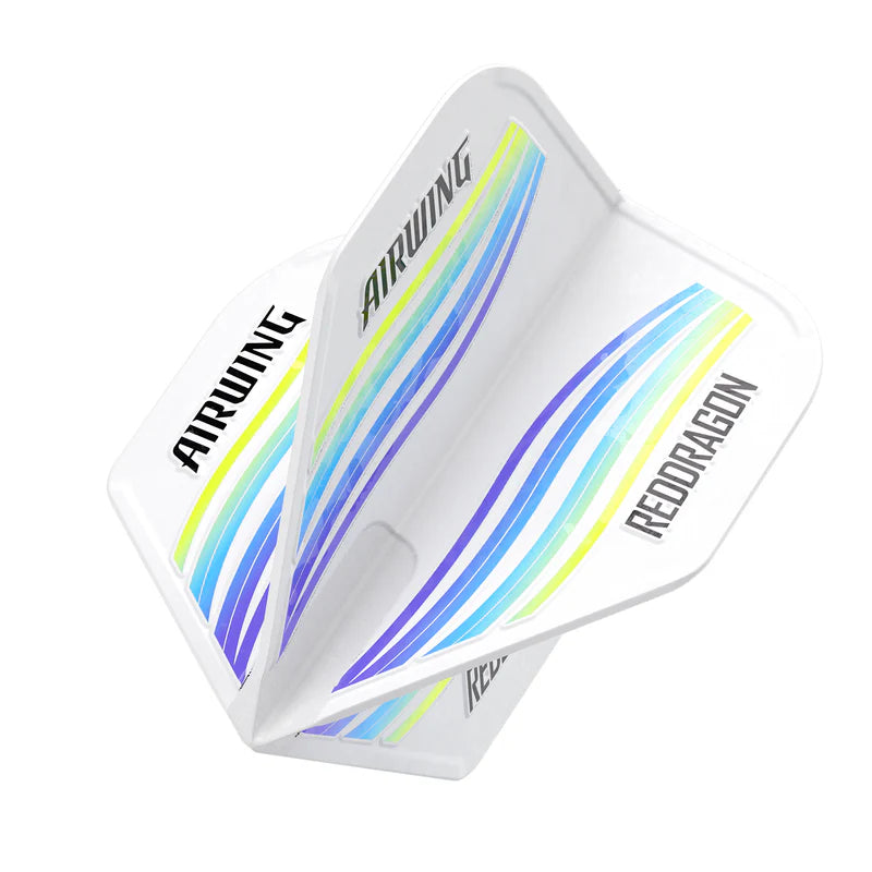 Angled close-up of Airwing moulded dart flight No.2 with blue wave design, isolated on white for dart accessories buyers