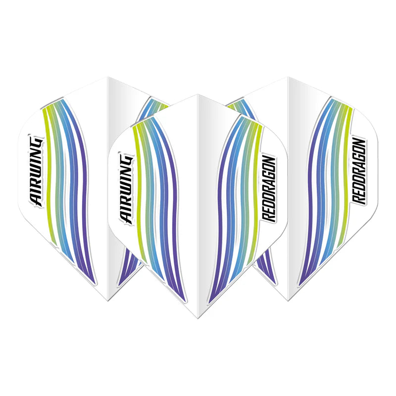Three moulded dart flights displayed on white background featuring blue, green, and purple wave pattern for improved dart stability.