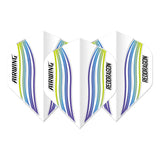 Three moulded dart flights displayed on white background featuring blue, green, and purple wave pattern for improved dart stability.