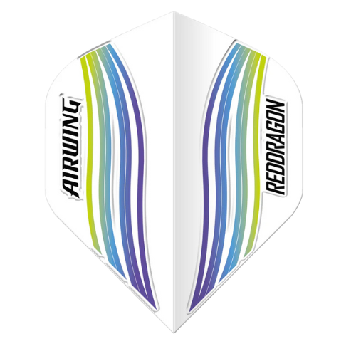 Moulded dart flight with blue, green, and purple wave design, No.2 shape, isolated full view on white background