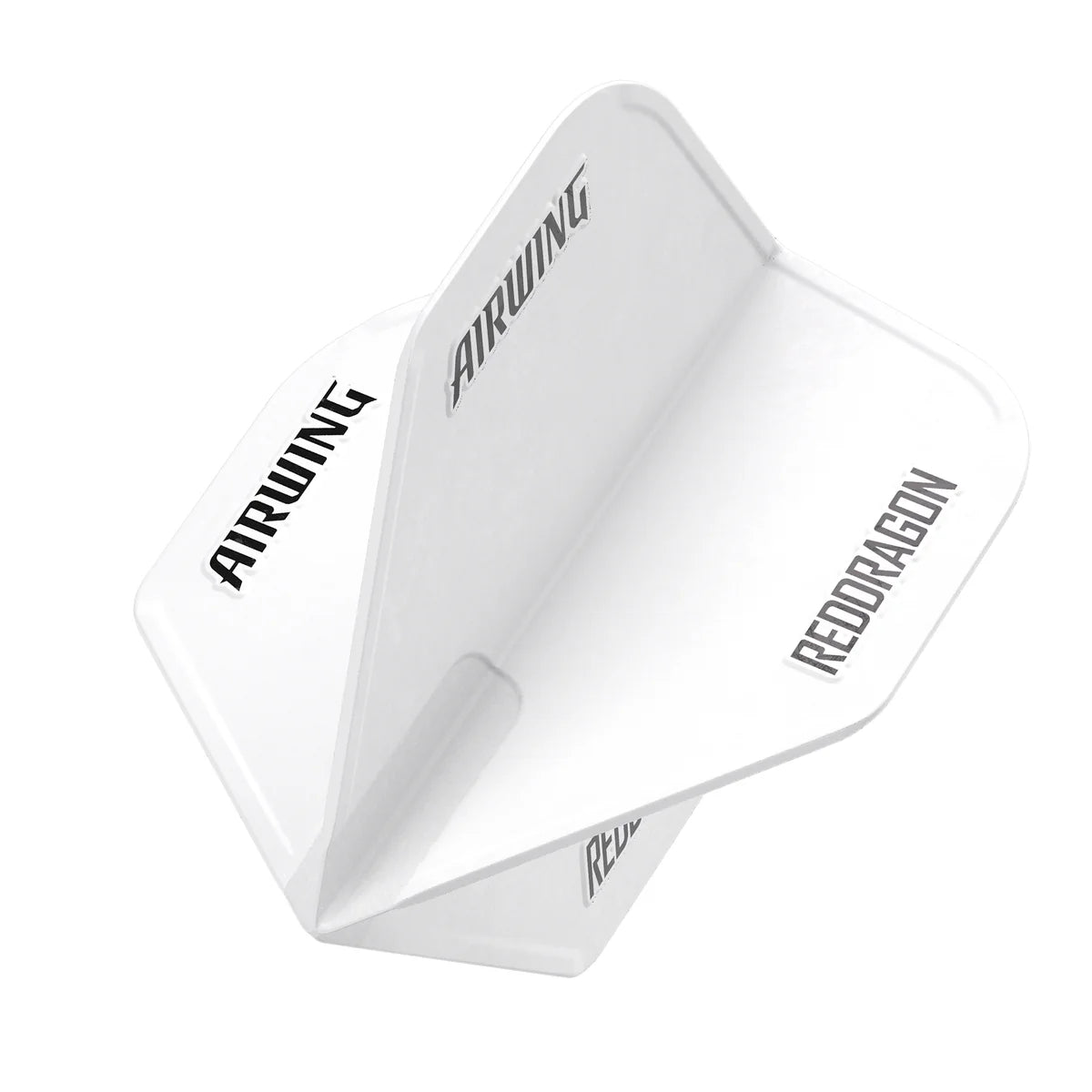 Angled close-up of moulded white No.2 dart flight, isolated on white, highlighting Airwing shape and logo details for dart players