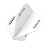 Angled close-up of moulded white No.2 dart flight, isolated on white, highlighting Airwing shape and logo details for dart players
