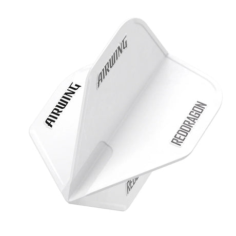 Angled close-up of moulded white No.2 dart flight, isolated on white, highlighting Airwing shape and logo details for dart players