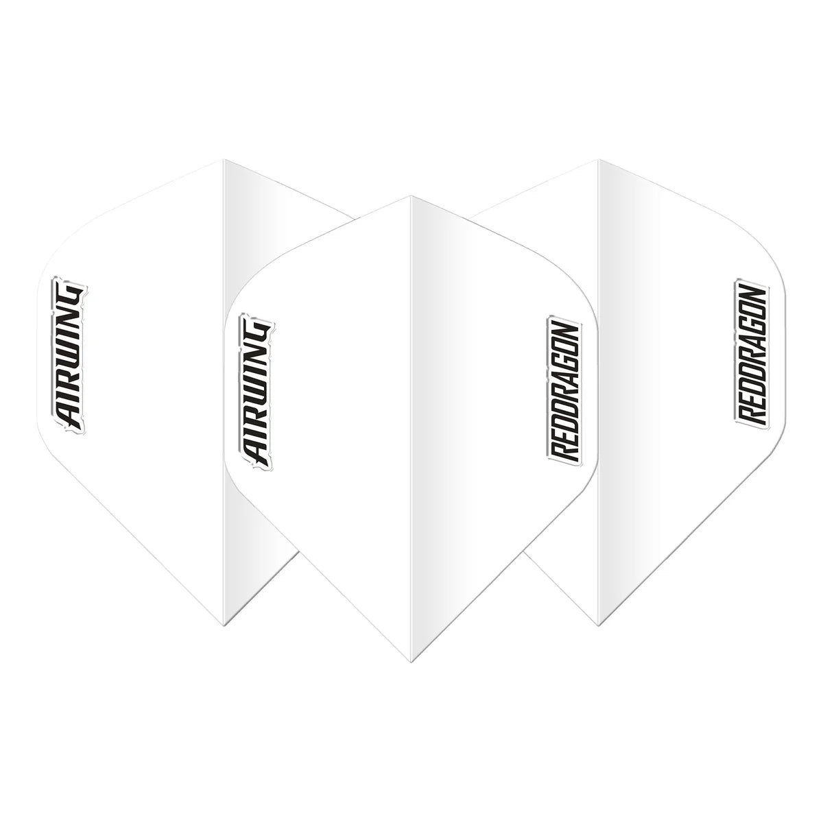 Three white moulded dart flights No.2 arranged side by side, isolated on white background, highlighting shape and Airwing and Red Dragon logos.