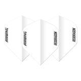 Three white moulded dart flights No.2 arranged side by side, isolated on white background, highlighting shape and Airwing and Red Dragon logos.