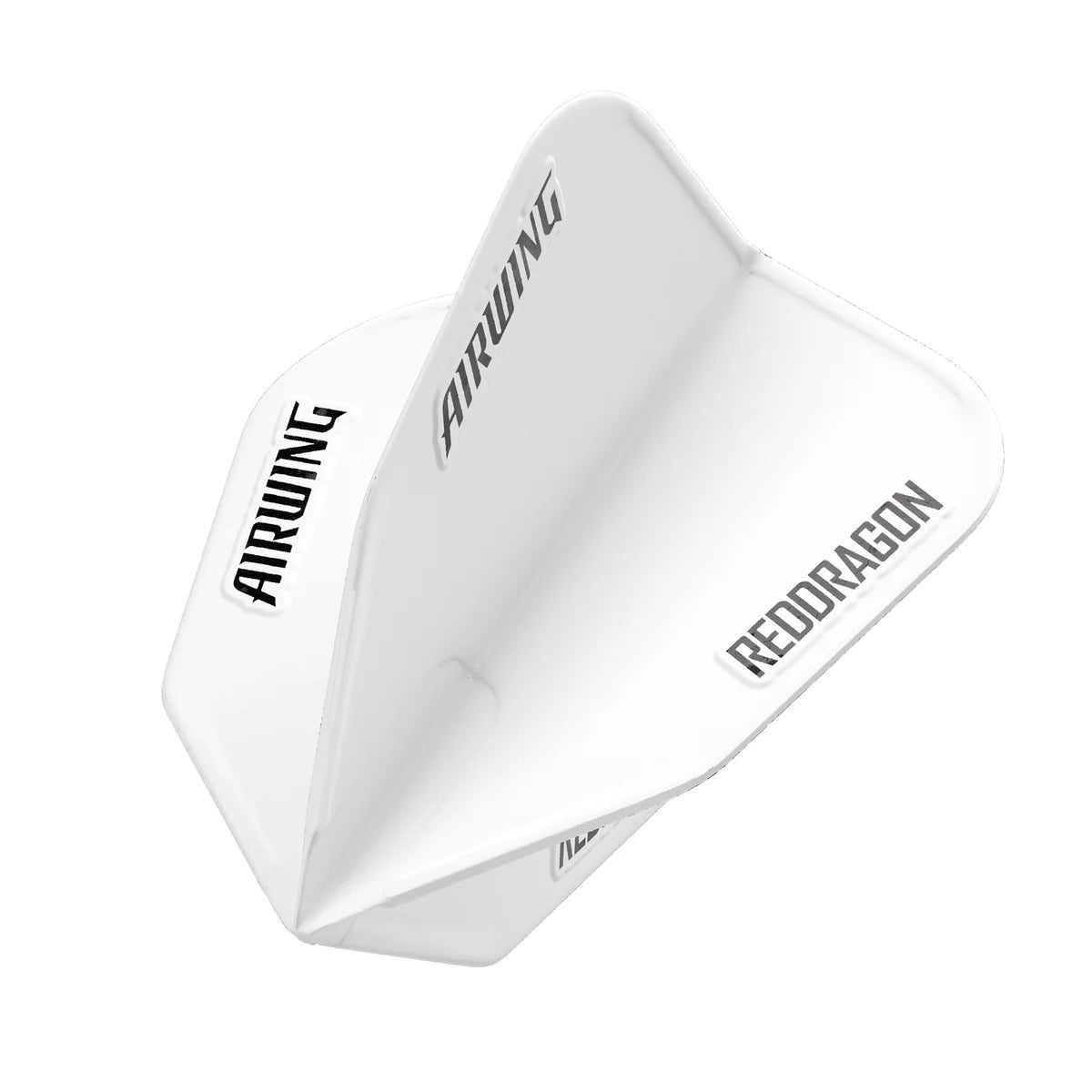 Angled close-up of single moulded white dart flight, V-Standard shape, Airwing and Red Dragon text, isolated on white background