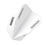 Angled close-up of single moulded white dart flight, V-Standard shape, Airwing and Red Dragon text, isolated on white background