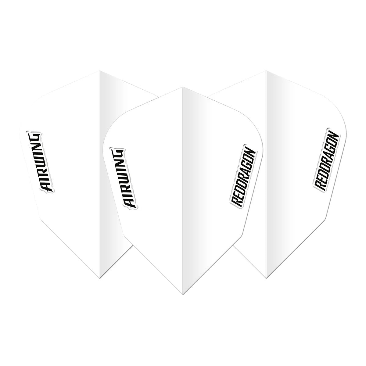 Set of three white V-standard moulded dart flights displayed upright, isolated on white, clear Airwing and Red Dragon text