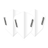 Set of three white V-standard moulded dart flights displayed upright, isolated on white, clear Airwing and Red Dragon text