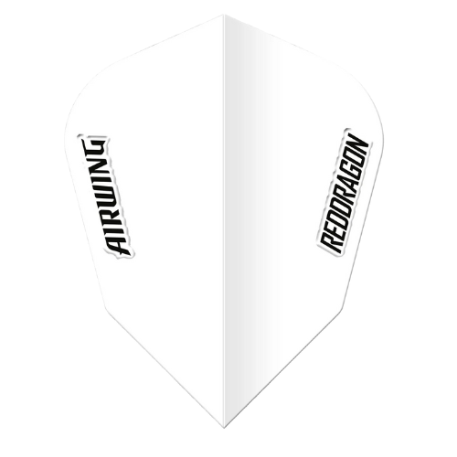 Top-down view of single white molded V-Standard dart flight with Airwing and Red Dragon text, isolated on white background