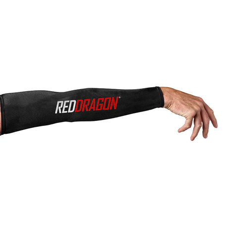 Dart arm support sleeve worn on extended arm, black with bold logo, isolated on white for dart thrower support and protection