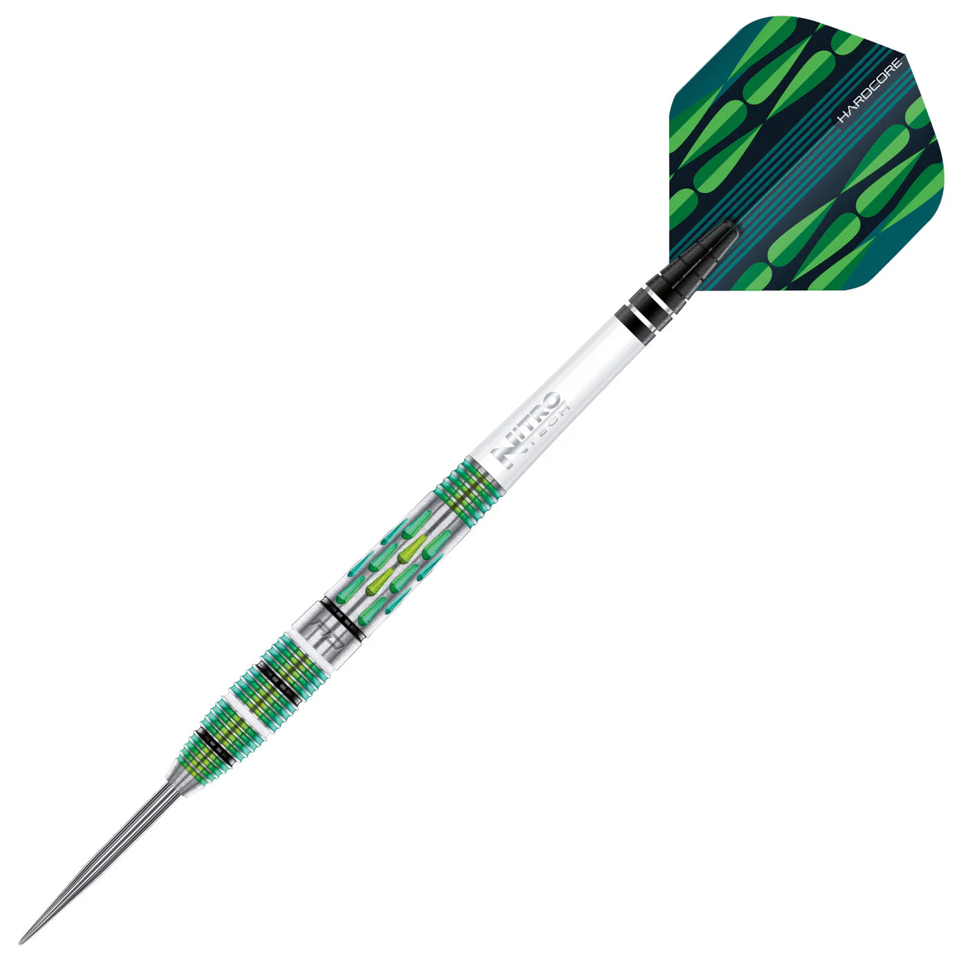 Angled full view of 90% tungsten dart with Screamin' Green milled barrel grip and teardrop flight, isolated on white background