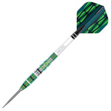 Angled full view of 90% tungsten dart with Screamin' Green milled barrel grip and teardrop flight, isolated on white background