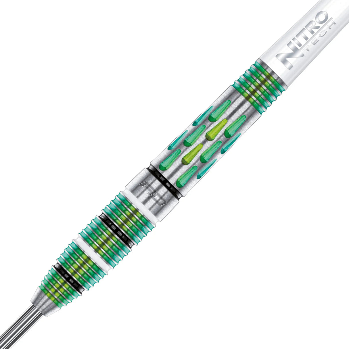 Close-up of 90% tungsten dart barrel with Screamin' Green PVD coating, precision milled grip, and teardrop cut design on white background