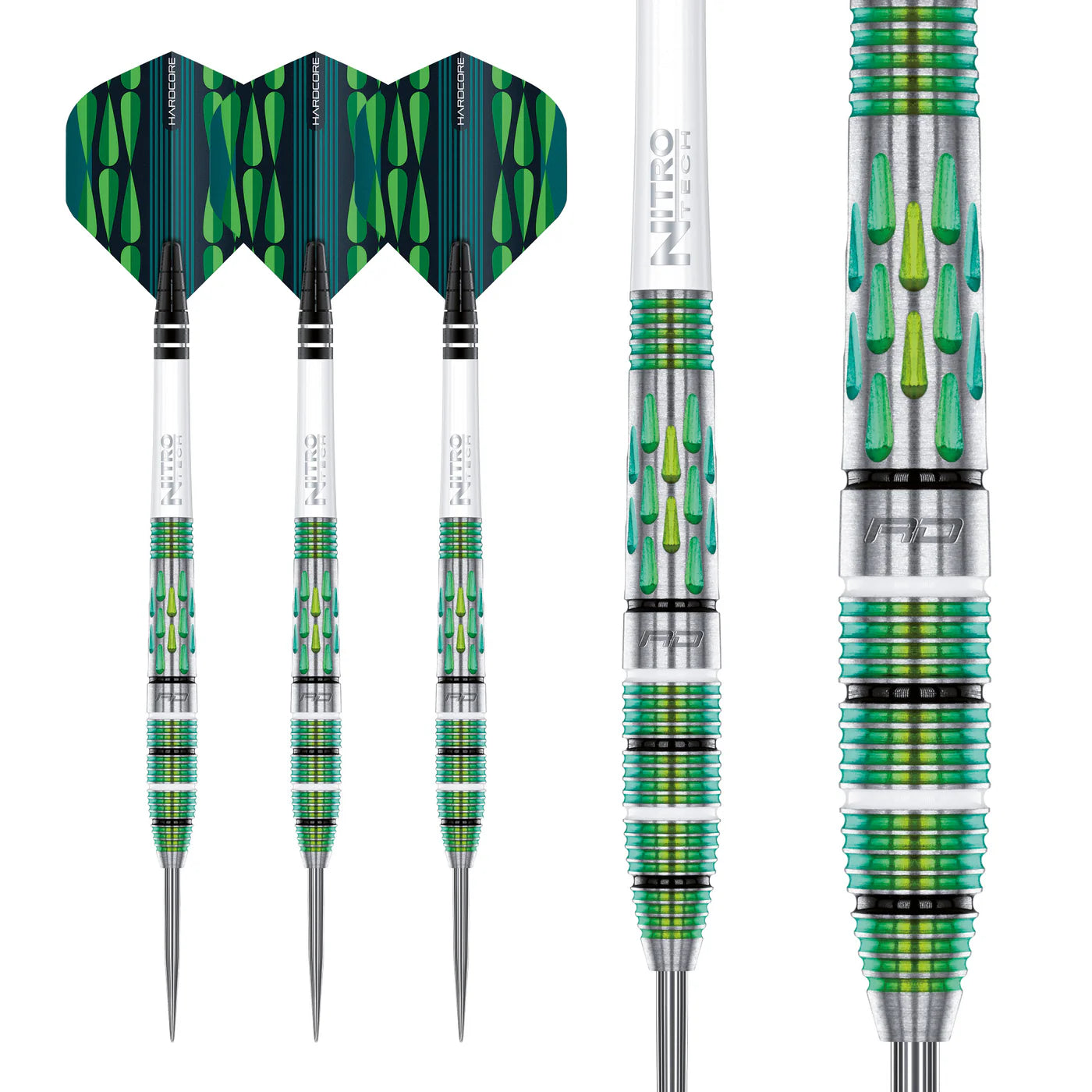 Three tungsten darts with green teardrop grip, milled barrel texture, and macro close-up of Screamin' Green PVD coating, isolated on white