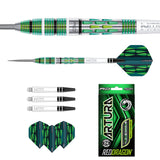 90% tungsten darts with green PVD milled barrels, matching flights, spare shafts, and retail packaging on white background