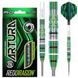 Artura Screamin' Green 90% tungsten darts with dual PVD barrel, teardrop grips, steel tips, and retail packaging displayed