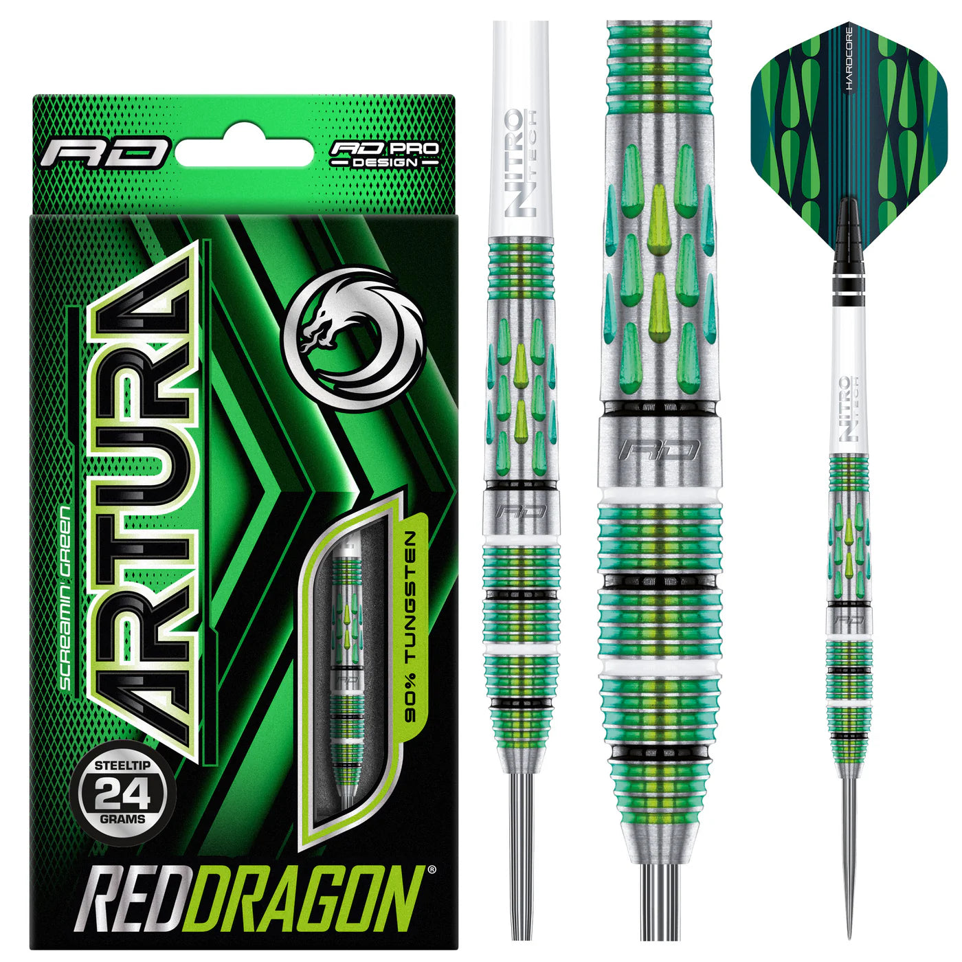 Artura Screamin' Green 90% tungsten darts set with packaging, showing teardrop milled grip, vibrant green coating, and steel tip details