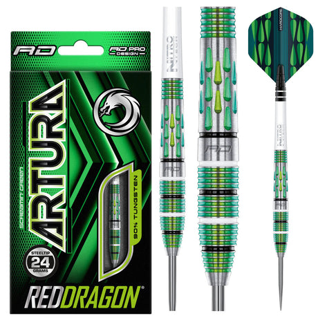 Artura Screamin' Green 90% tungsten darts set with packaging, showing teardrop milled grip, vibrant green coating, and steel tip details