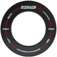 Black dartboard surround ring full view on white background, red accent lines, multiple logo prints, ideal for dartboard protection