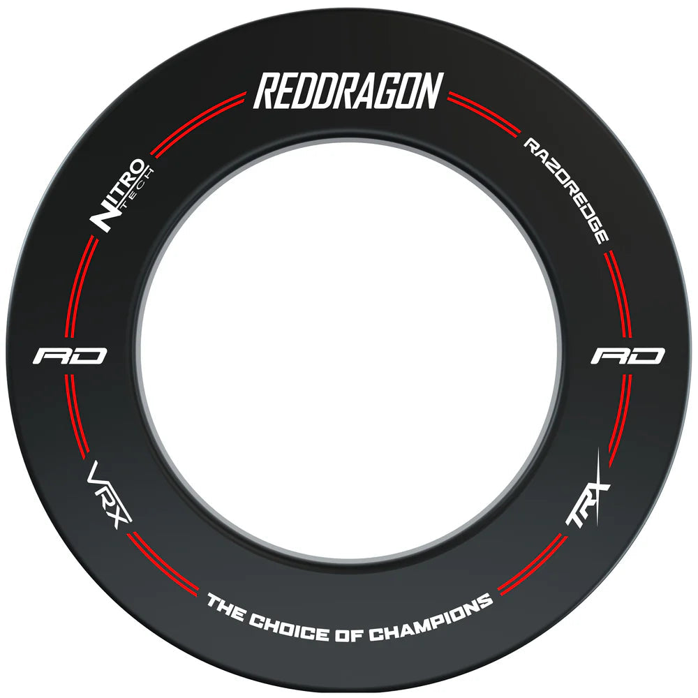 Black dartboard surround ring full view on white background, red accent lines, multiple logo prints, ideal for dartboard protection