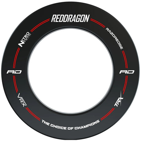 Black dartboard surround ring full view on white background, red accent lines, multiple logo prints, ideal for dartboard protection