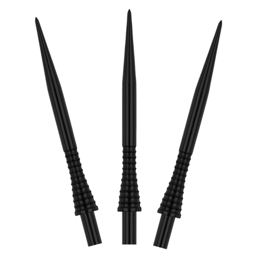 Three black Raptor GT gripped dart points isolated on white, showing ribbed grip and spearhead tip for dart precision