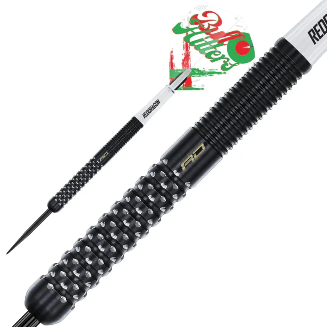 Angled dart view showing knurled black barrel grip and tungsten steel tip, close-up with Bull Hitters flights on white background