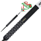 Angled dart view showing knurled black barrel grip and tungsten steel tip, close-up with Bull Hitters flights on white background