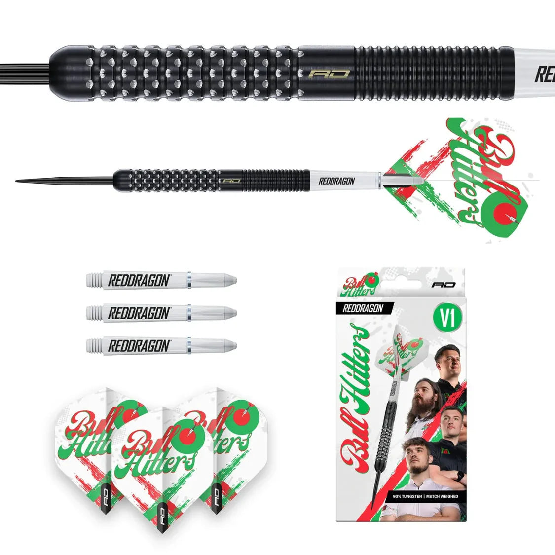 Bull Hitters V1 90% tungsten darts set with textured grip close-up, full dart view, extra shafts, flights, and packaging on white background