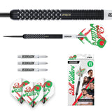 Bull Hitters V1 90% tungsten darts set with textured grip close-up, full dart view, extra shafts, flights, and packaging on white background