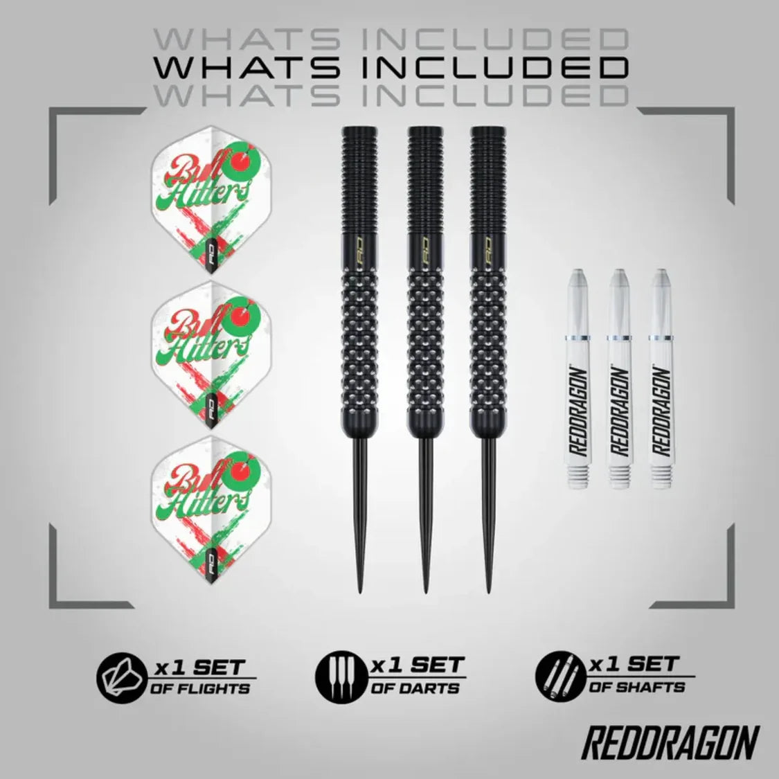 Full set of 90% tungsten darts with knurled grip, three Bull Hitters flights, and three transparent shafts, all displayed on white background