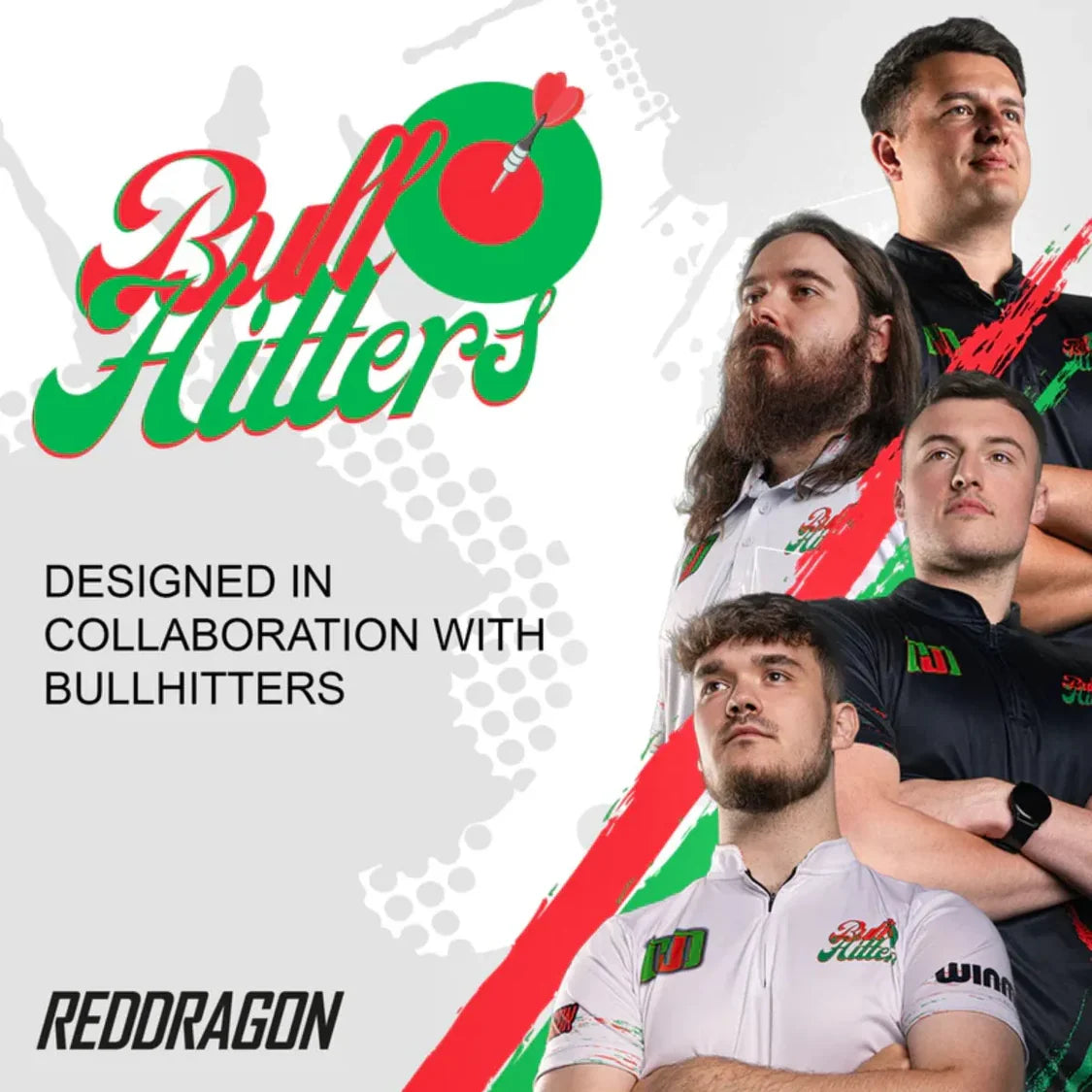 Bull Hitters darts promo with four players in team shirts, angled lifestyle shot, collaboration text, no dart equipment displayed