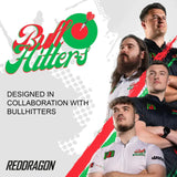 Bull Hitters darts promo with four players in team shirts, angled lifestyle shot, collaboration text, no dart equipment displayed