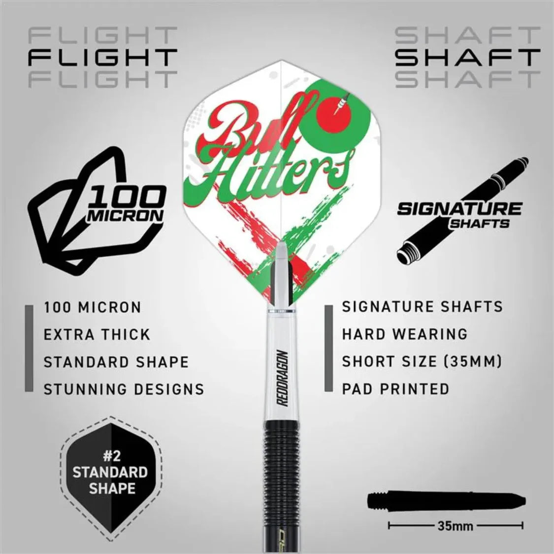 Standard shape dart with 'Bull Hitters' flight, thick 100 micron material, 35mm short signature shaft, isolated with feature callouts