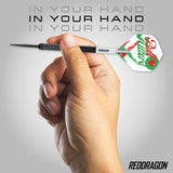 Hand holding Bull Hitters V1 tungsten dart showing textured grip, detailed flight design, and angled in-use demonstration