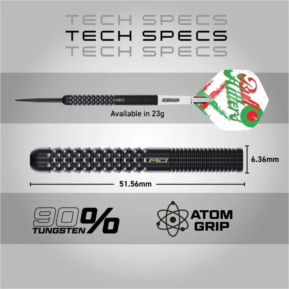 Side view of 90% tungsten dart with Atom grip texture, full technical specs, 51.56mm length, 6.36mm diameter, and detailed flight