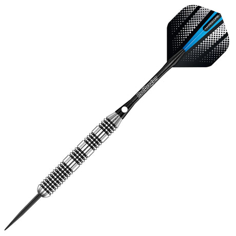 Tungsten dart full view on white background with knurled grip barrel and black-blue flights for precision dart equipment