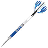Single 90% tungsten dart with blue ringed grip, steel tip, Nitro Tech shaft, and blue lightning flights on white background