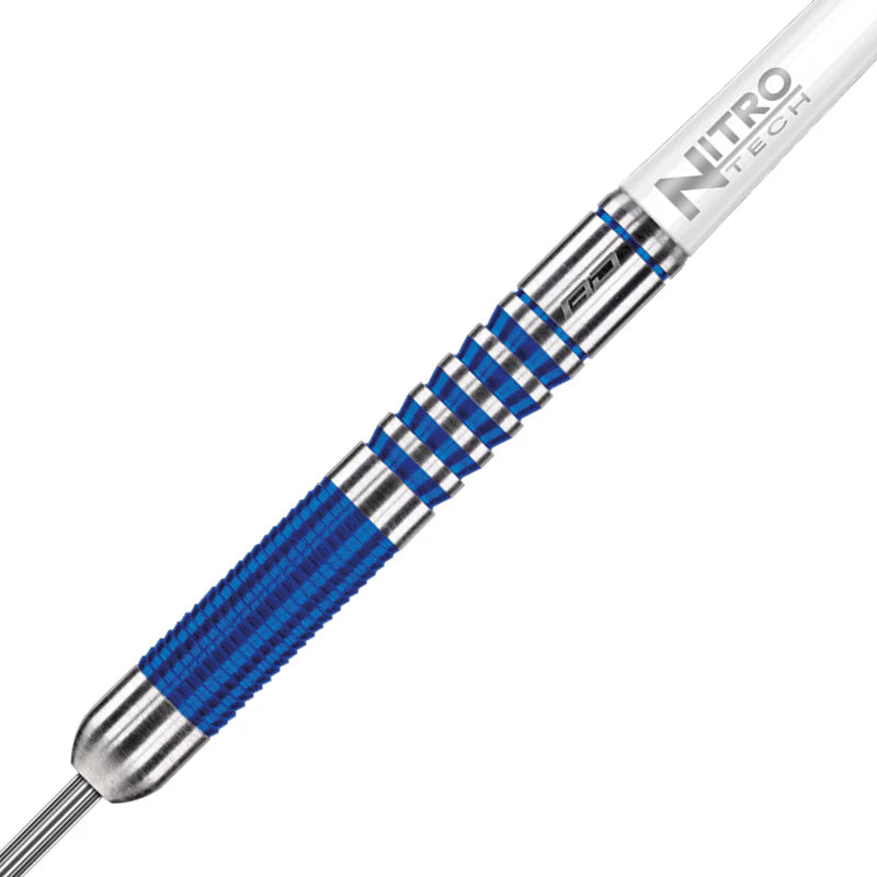 Close-up of 90% tungsten dart barrel with blue ringed grip, detailed machining and Nitro Tech shaft, isolated on white background